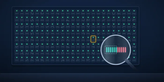 A dark panel of small cells, each with a green status light, while a magnifying lens over one cell shows teal bars overflowing a dashed slot into coral bars.