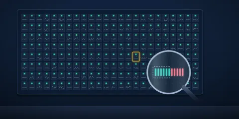 A dark panel of small cells, each with a green status light, while a magnifying lens over one cell shows teal bars overflowing a dashed slot into coral bars.