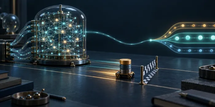 A small mechanical counter crosses a finish line ahead of a complex glass neural apparatus, whose faint signal joins stronger counting paths.