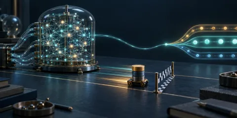 A small mechanical counter crosses a finish line ahead of a complex glass neural apparatus, whose faint signal joins stronger counting paths.