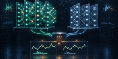 An elaborate glowing neural network and a simpler frozen network feed a shared scorer; their primary output traces look nearly identical.