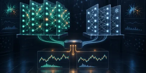 An elaborate glowing neural network and a simpler frozen network feed a shared scorer; their primary output traces look nearly identical.