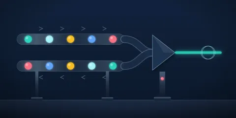 Two glass tubes hold the same five colored beads in opposite order; both feed one dark prism that emits a single identical teal beam.
