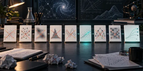 Nine experiment cards form a path across a dark workbench; several are crossed out, one shows a surviving teal signal, and the final card branches into unresolved paths.