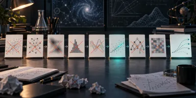 Nine experiment cards form a path across a dark workbench; several are crossed out, one shows a surviving teal signal, and the final card branches into unresolved paths.