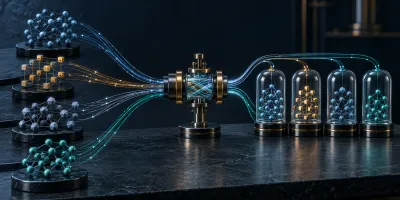 Four different node graphs feed colored relation threads through one binding instrument into four protected glass compartments.