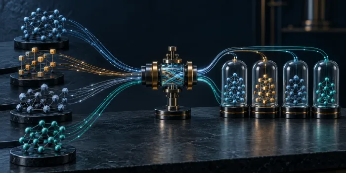 Four different node graphs feed colored relation threads through one binding instrument into four protected glass compartments.