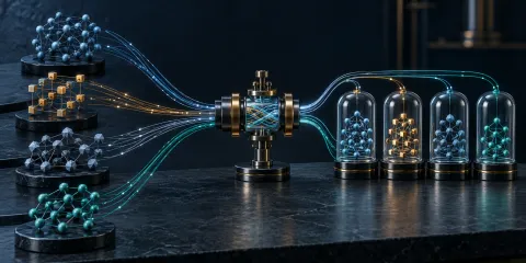Four different node graphs feed colored relation threads through one binding instrument into four protected glass compartments.
