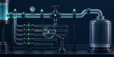 A transparent pipeline shows green operating lights but feeds an empty vessel, while a magnifying glass reveals one amber particle.