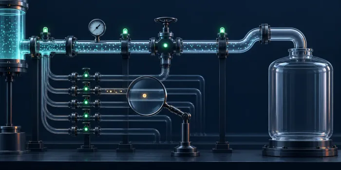 A transparent pipeline shows green operating lights but feeds an empty vessel, while a magnifying glass reveals one amber particle.